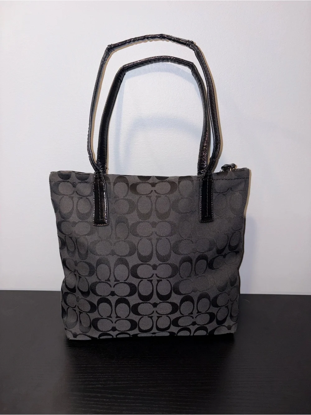 Coach F26706 Signature Gray Black Tote Shoulder Bag Snake Print Stripe